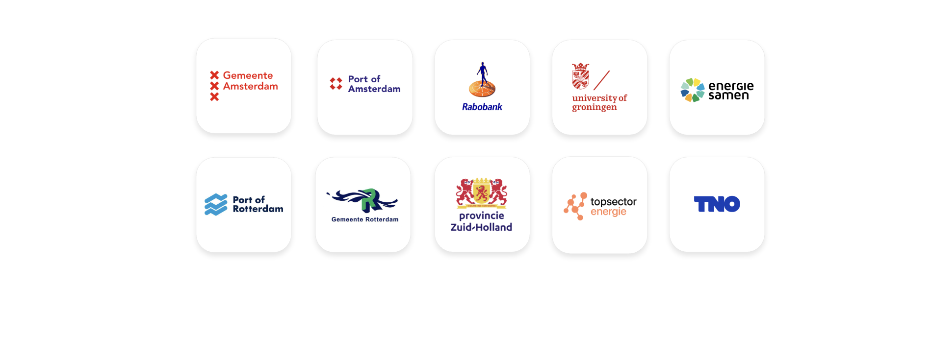 Partners: Gemeente Amsterdam, Port of Amsterdam, Rabobank, University of Groningen, Energie Samen, Port of Rotterdam, Gemeente Rotterdam, Provincie Zuid-Holland, Topsector Energie, TNO